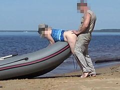 Voluptuous mom gets bent over by boatman on animated beach